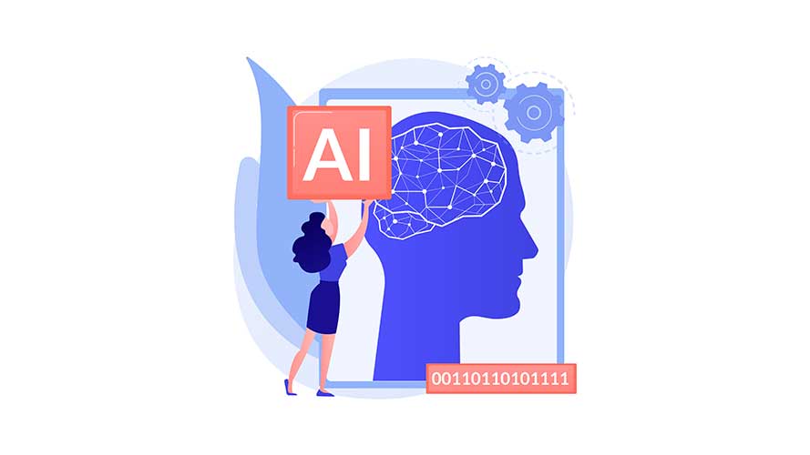 Graphic of a person holding an AI tile in front of a graphic of a brain